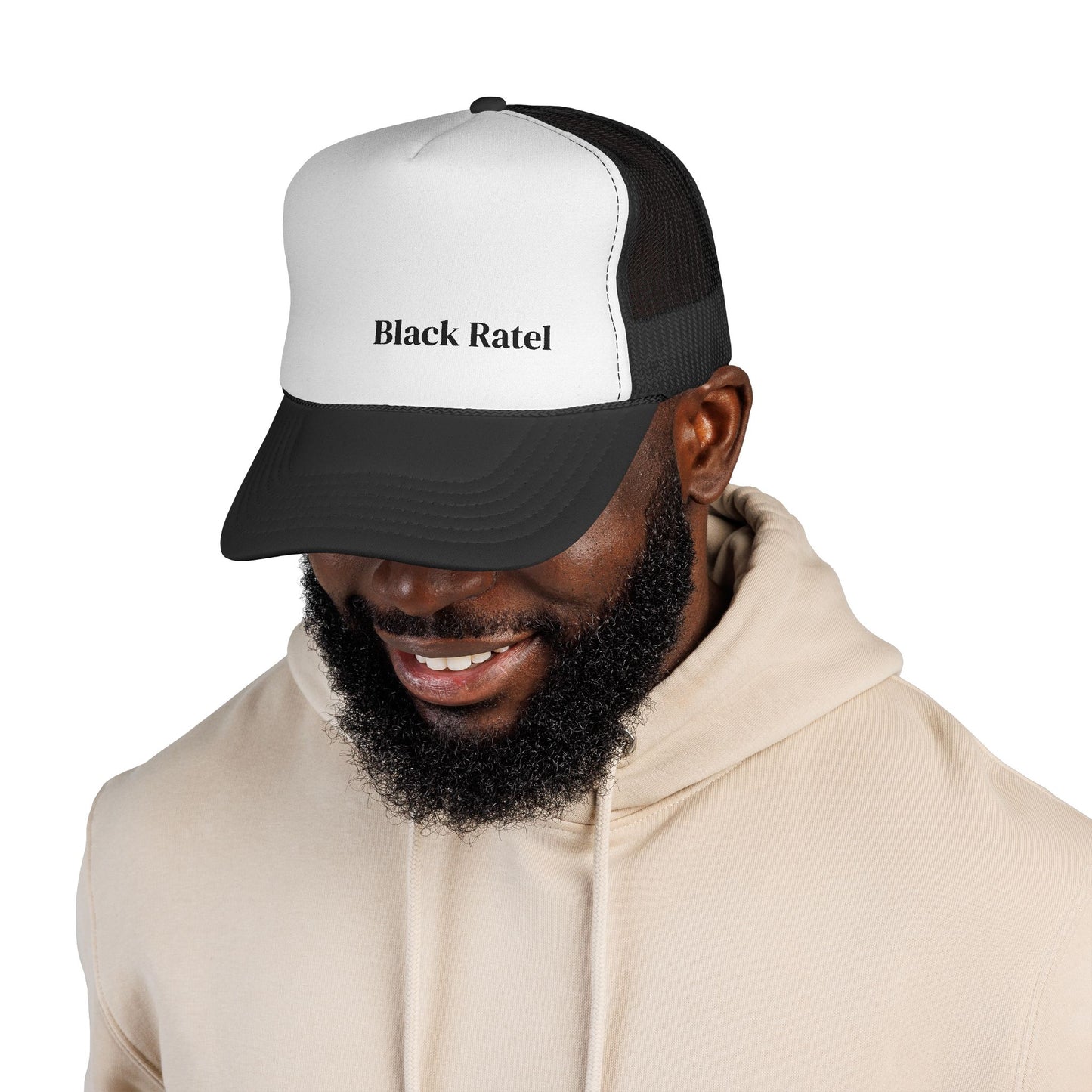 Black Ratel Trucker Cap – Minimal Text Mesh Hat