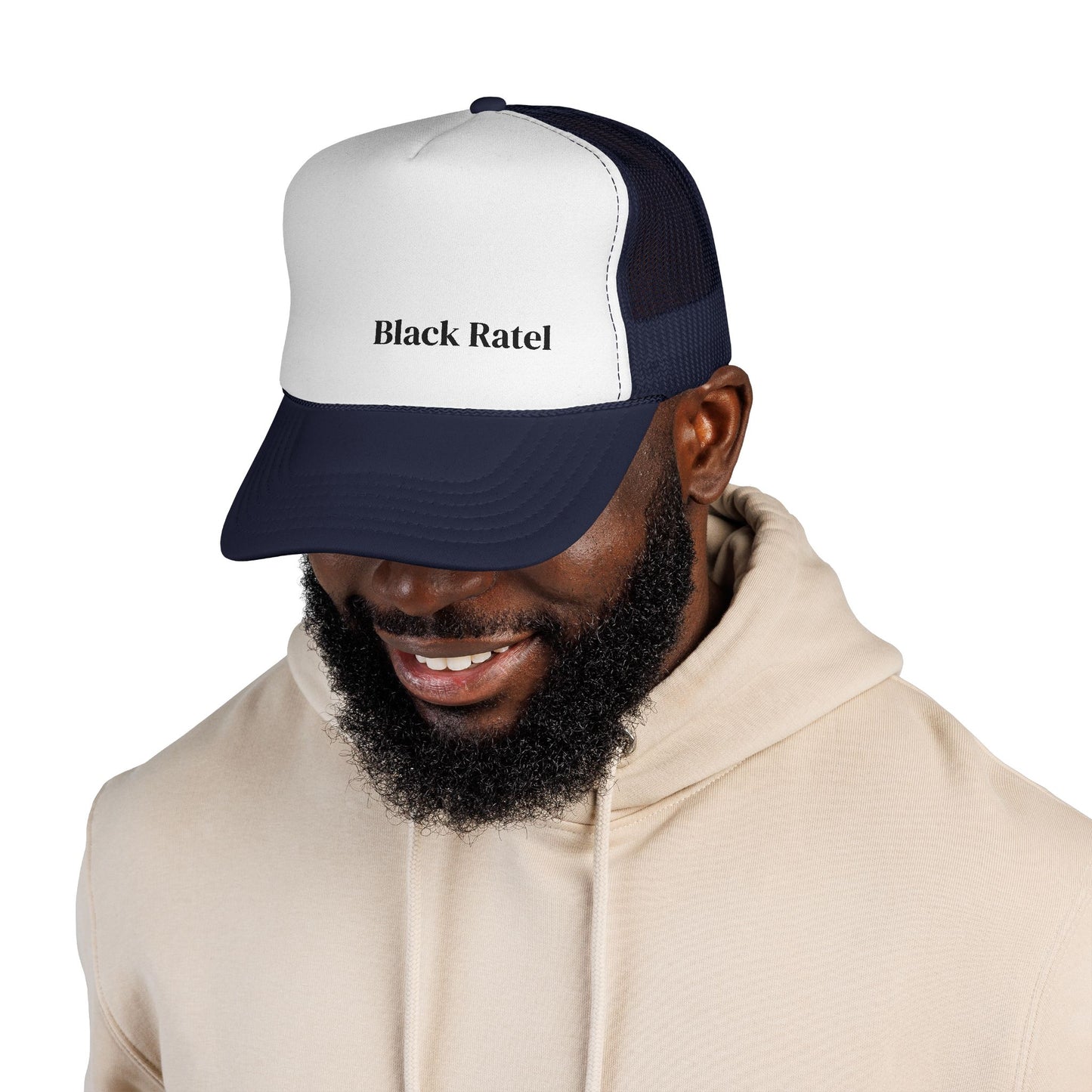 Black Ratel Trucker Cap – Minimal Text Mesh Hat